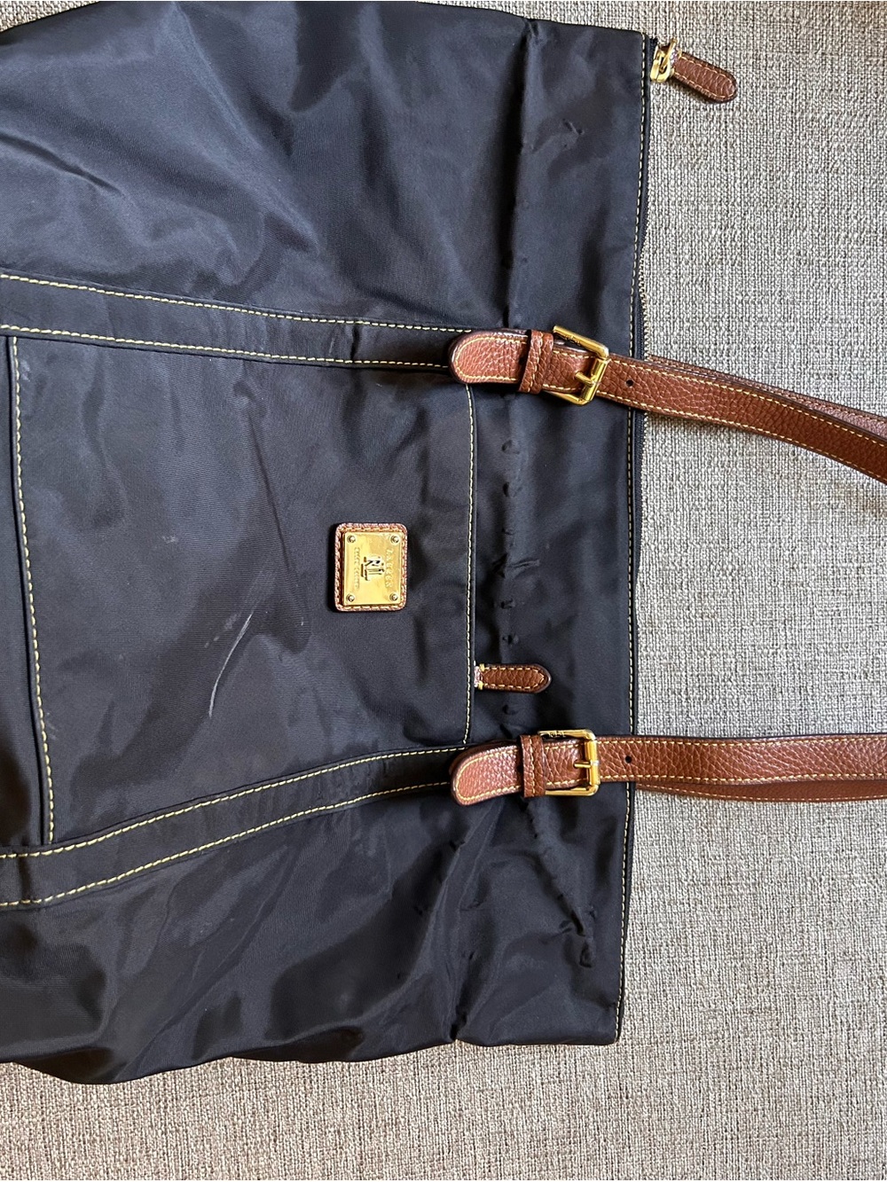 Lauren Ralph Lauren Black Nylon Messenger Bag with Brown Leather Straps
